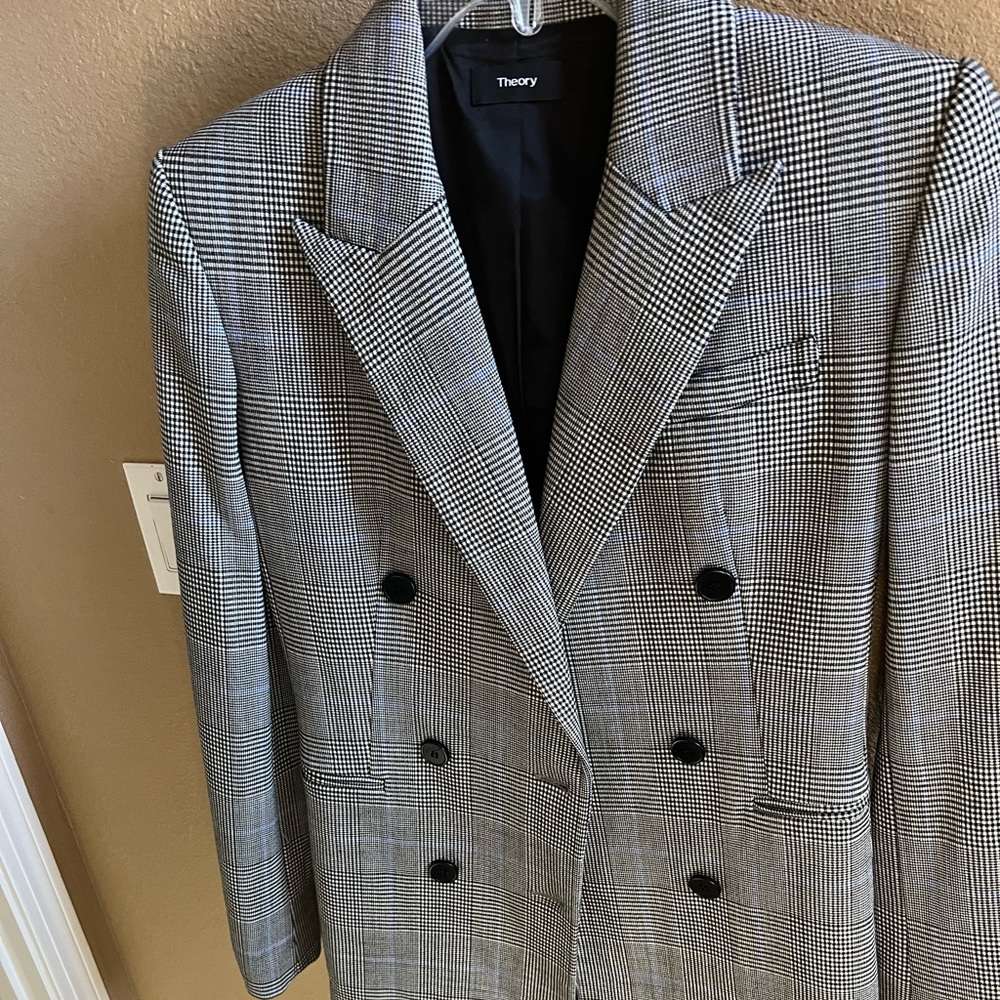 Theory double breasted blazer in gray and blue light blue lines, size 2.